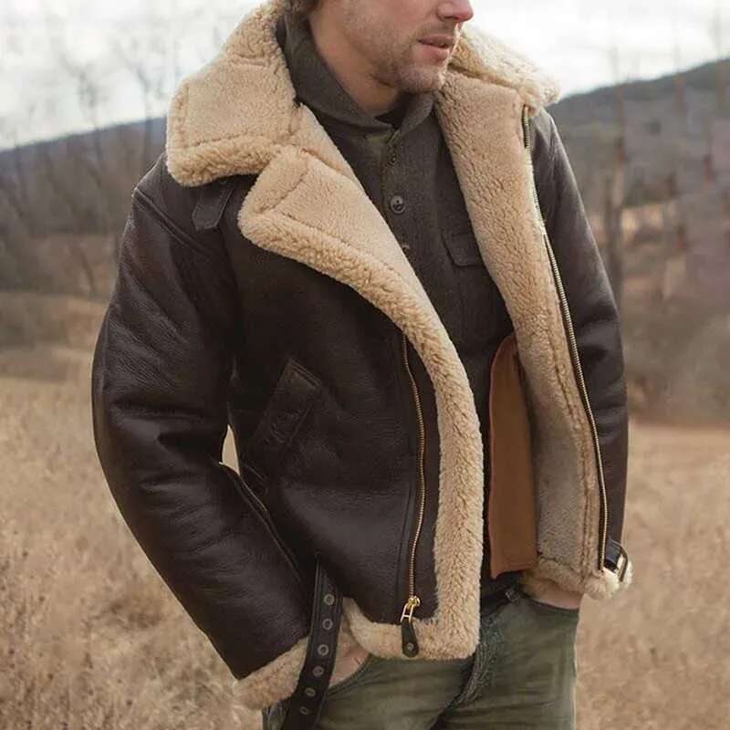 Men's Winter Men Faux Fur Jackets Solid PU Leather Warm Long Sleeve Fashion Soft Streetwear Coat Casual Thicken Outwear