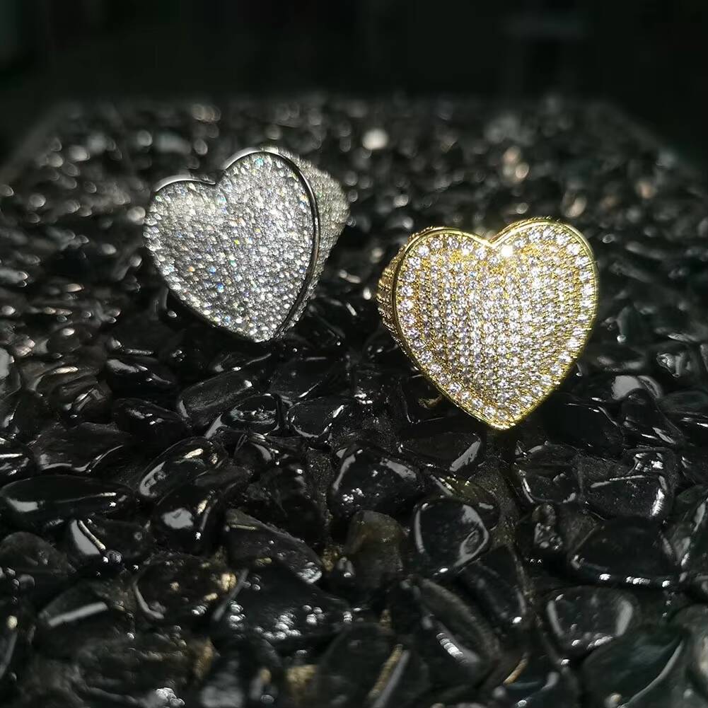 Luxury Iced Out CZ Gold Big Heart Ring White Hip Hop 18k Gold Silver Plated Women Heart Rings