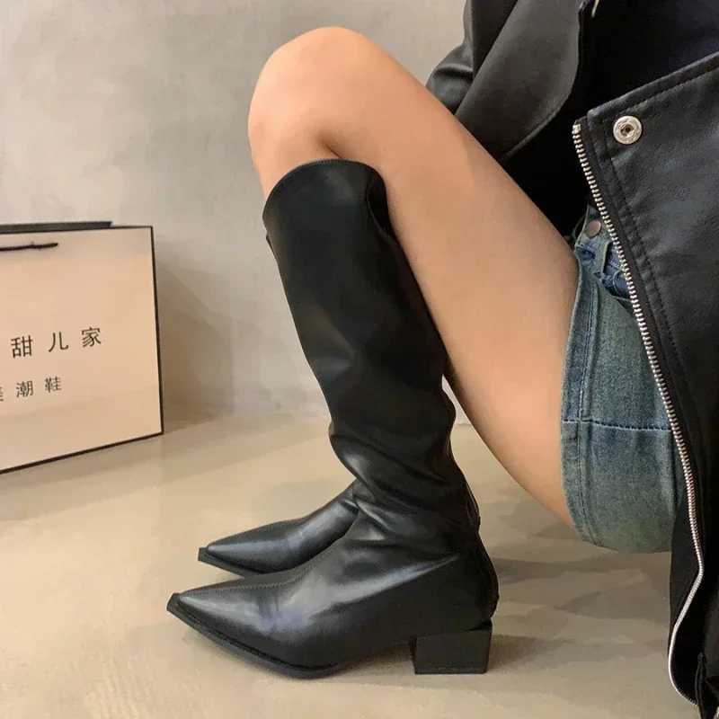 Women Mid Heels Knee High Chelsea Long Boots Platform Motorcycle Boots Designer Vintage Pointed High Knight Boots XJ250807