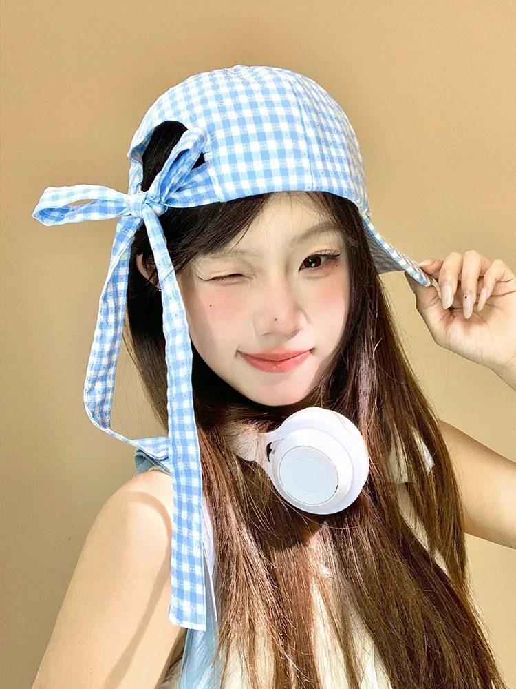 Japanese Blue Plaid Bow Baseball Cap Female Korean Version Casual Versatile Big Size Sunshade Hard Top Sun Baseball Cap 250730