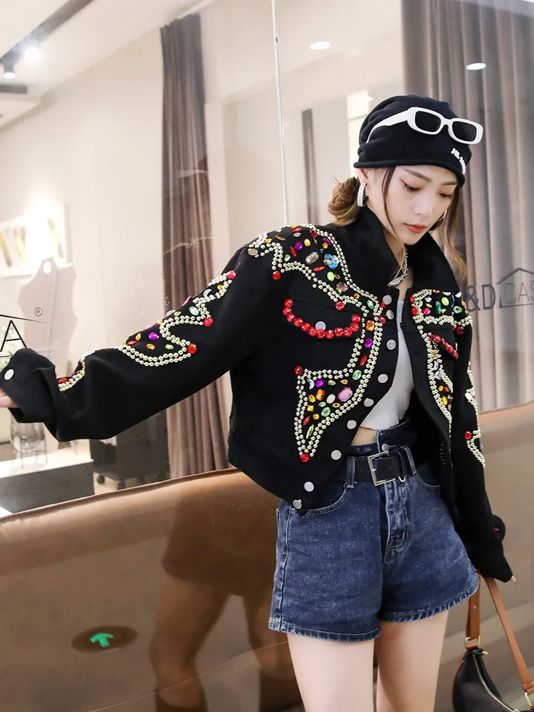 Diamonds Beaded Denim Jacket Rhinestones Sequins Jeans Coat Autumn Short Crystal Rivets Cardigan Chaqueta Streetwear Tops 250804