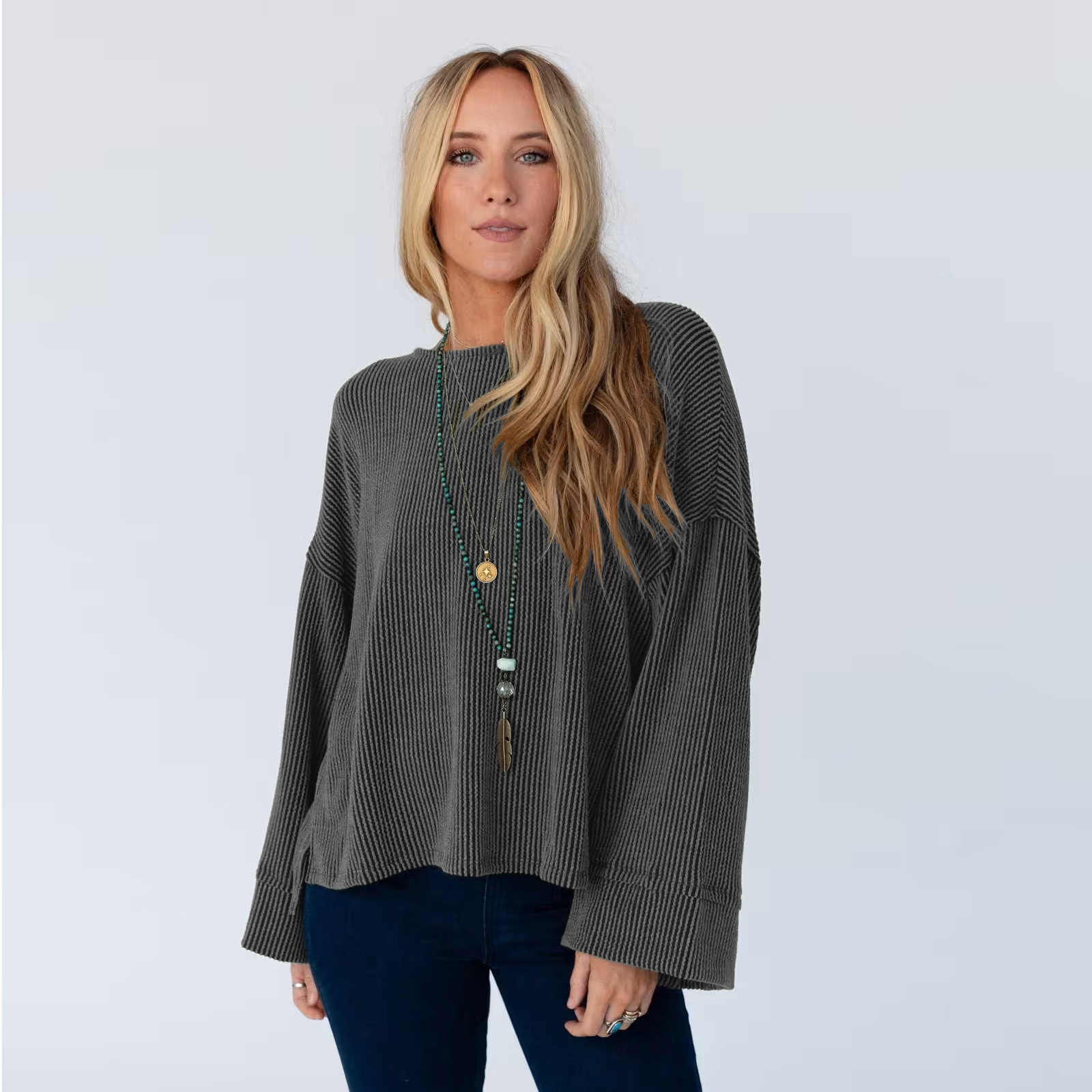 Women's Hollow Out Twisted Ribbed Long Sleeve T-Shirt Trendy Loose Casual Commuter Top