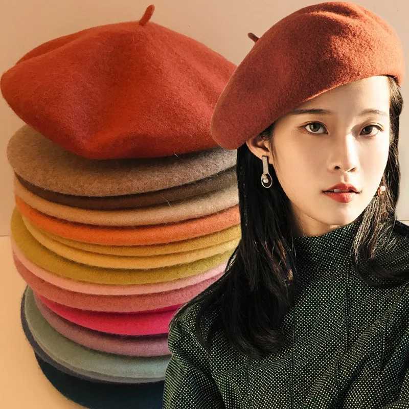 Vintage Winter Thick Warm Woolen Plain Beret Hat for Womens Girls French Artist Fashion Casual Solid Color Black Red Beanie C XJ250807