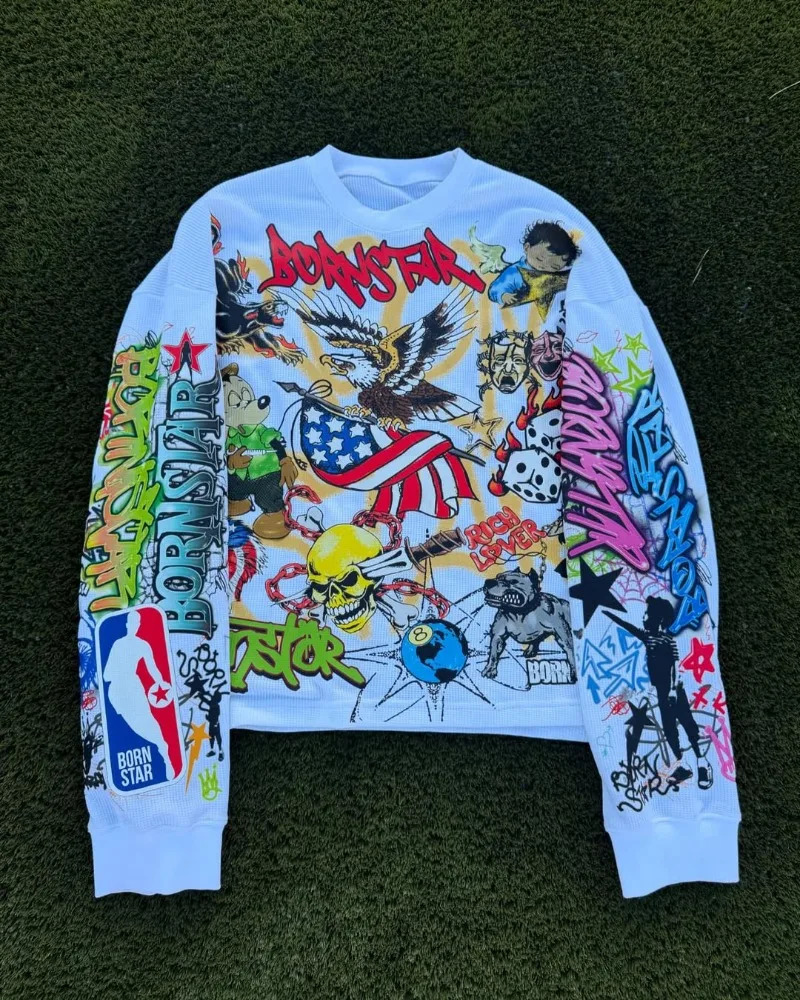 Harajuku Casual Hip-hop High Street Trendy Oversized Long-sleeved Tops Men Y2k Gothpunk Animation Printed T-shirt Men 250807