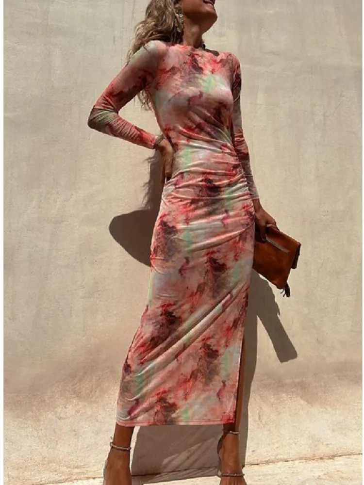 Autumn Mesh Sexy Printed For Womens Long Sleeved Dresses Simple Lace Fashion Slim Stretch Female Party Nightclub Dress 250728