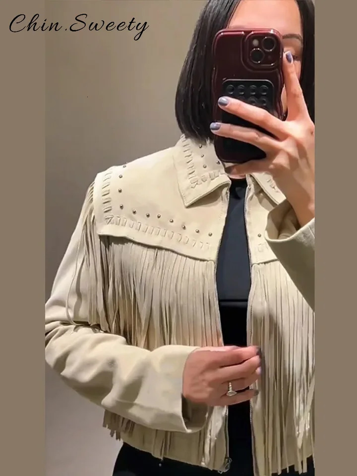 Casual Retro Tassels Beading Short Jacket Women Loose Solid Lapel Full Sleeve Zipper Coats 2025 Spring Lady High Street Coat 250804