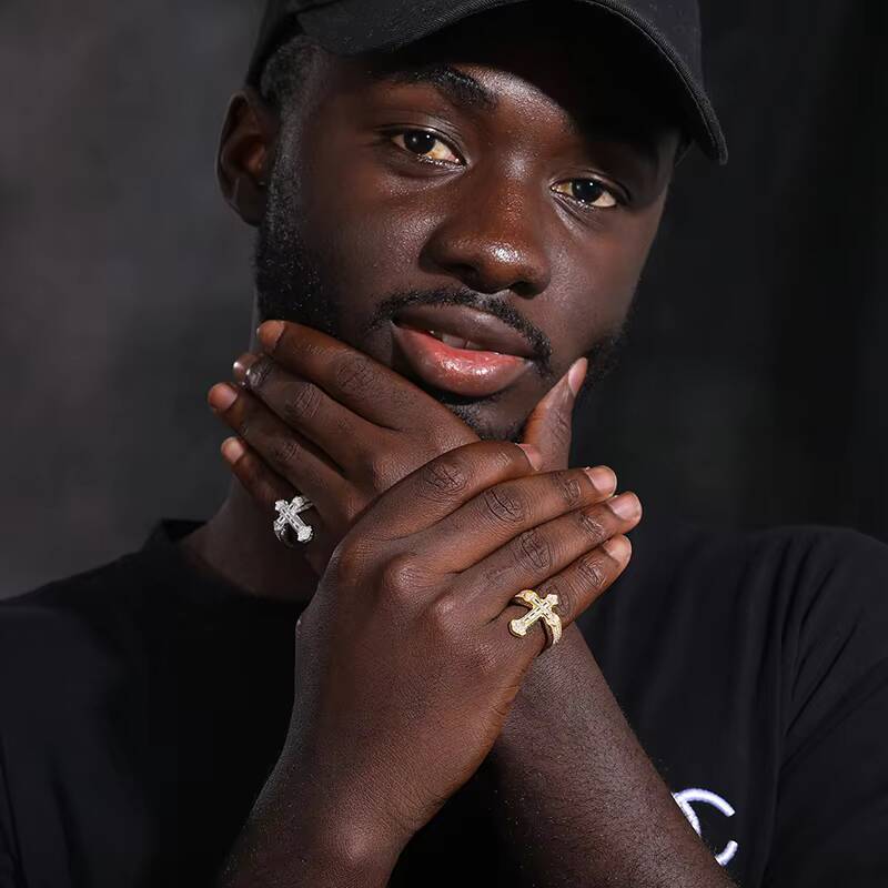 Fashion Hip Hop Party 925 Sterling Silver Baguette Diamond Cross Ring Gra Certified Moissanite Iced Out Ring for Men