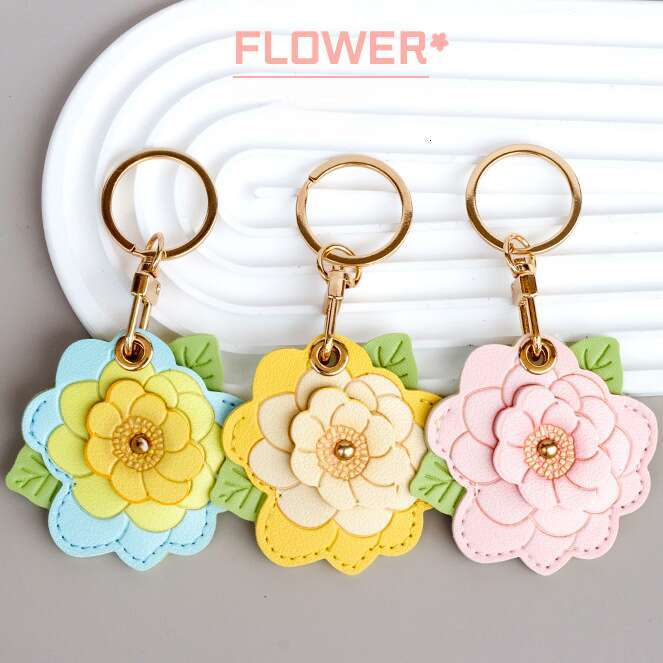 DHessentials Elegant Camellia Keychain & Badge Holder - Leather Card Case with Alloy Flower Charm for Keys/Purse (6.4cm, 15g)
