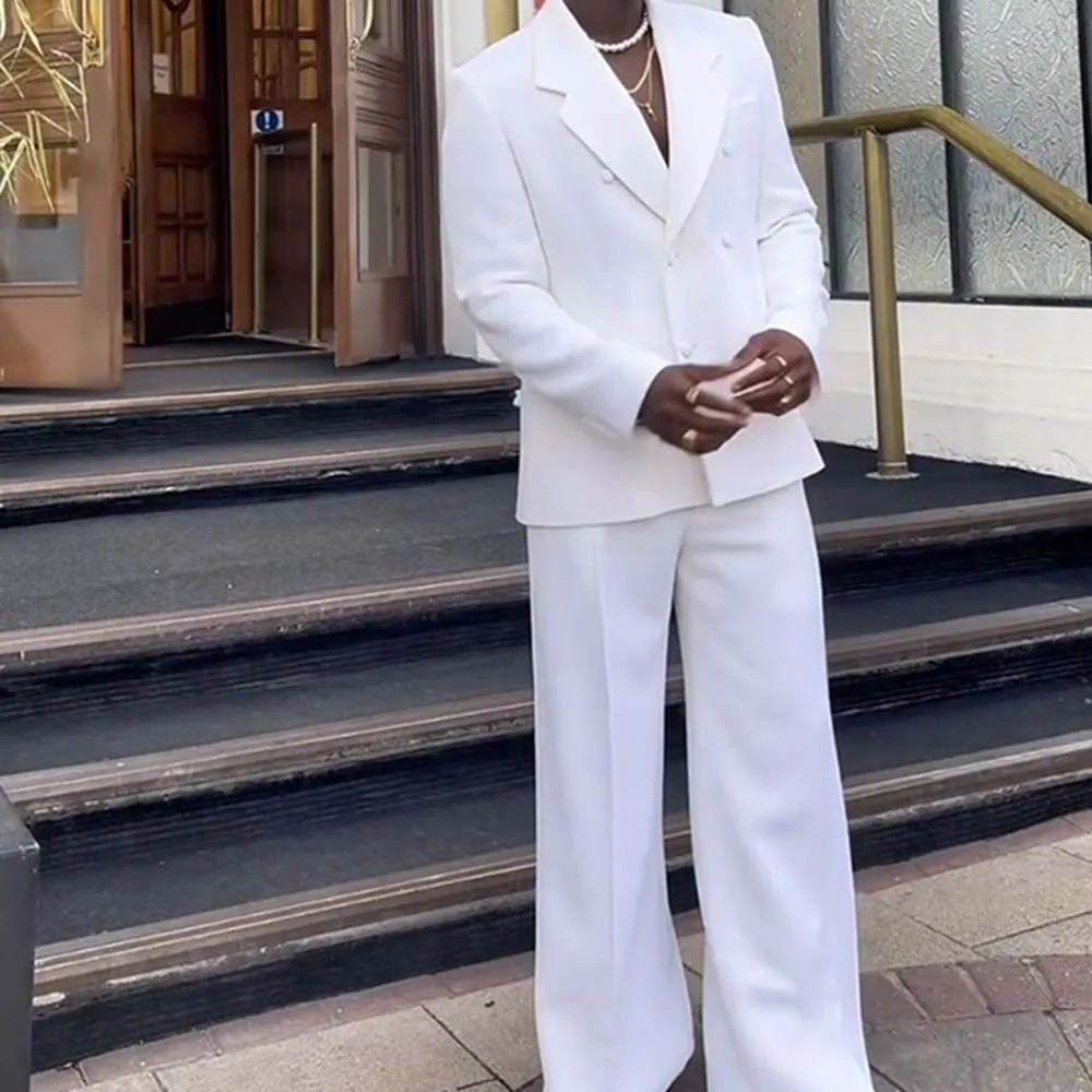 White Suits for Men Double Breasted 2 Pieces Jacket Pants Blazers Sets Smart Banquet Party Business Male Clothing 250807