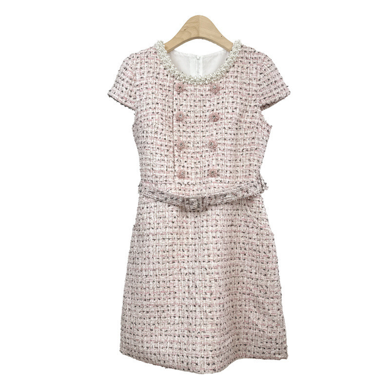 Summer Autumn New Pearl Inlaid Dia Round Neck Slimming Belt Tweed Elegance Style Base Sleeve Dress Short Skirt