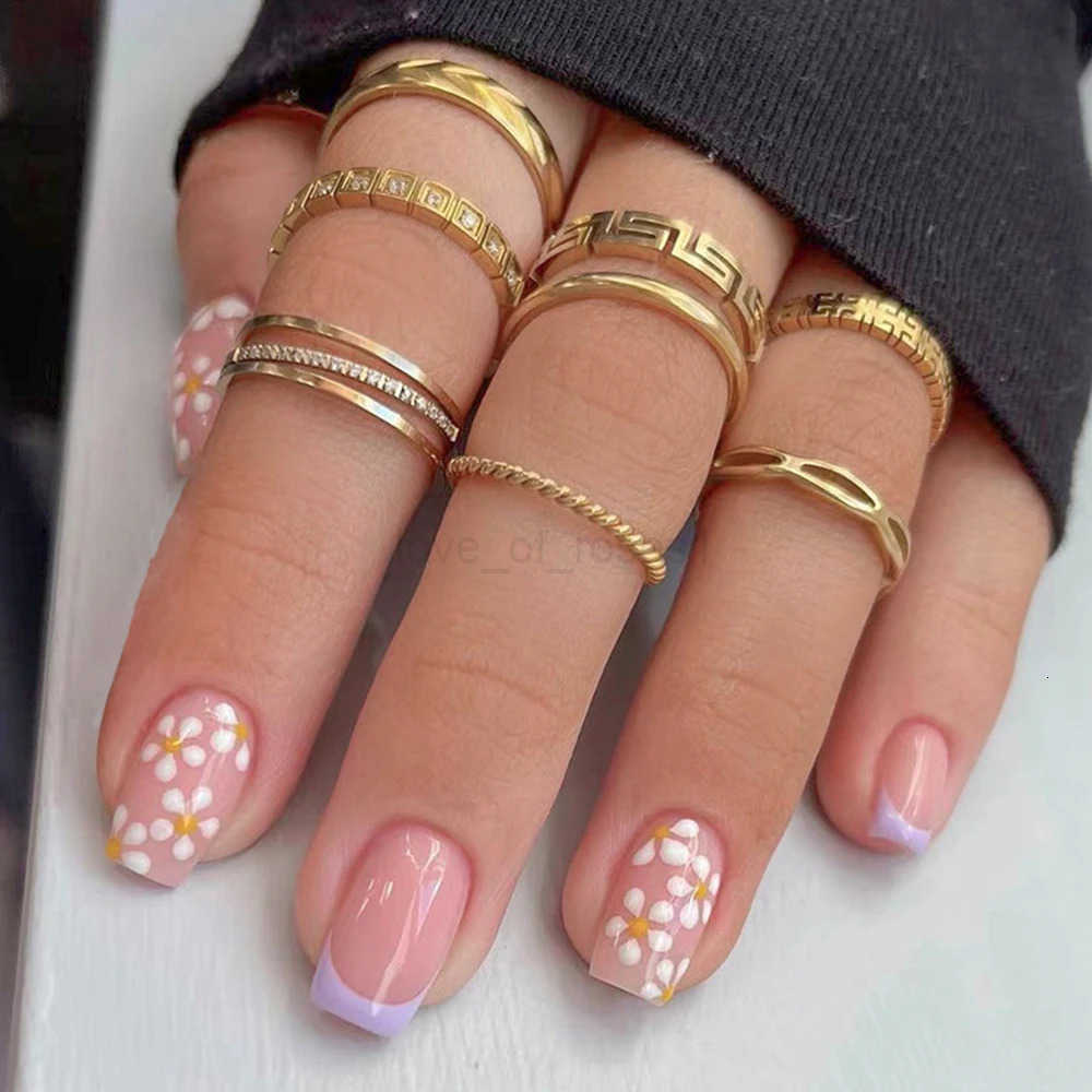 24pcs Purple French Daisy Fake Nails Square Round Glossy Harmless Press On Nail Tips DIY Line Art Full Cover False Nails for Girls Z250807