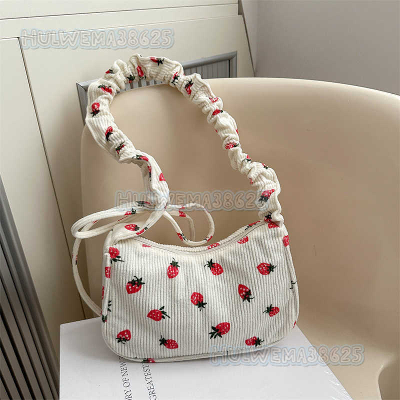 Cute Strawberry Small Bag for Women 2024 New Trendy Versatile Underarm Bag Celebrity Fashion Corduroy Shoulder Bag H250806