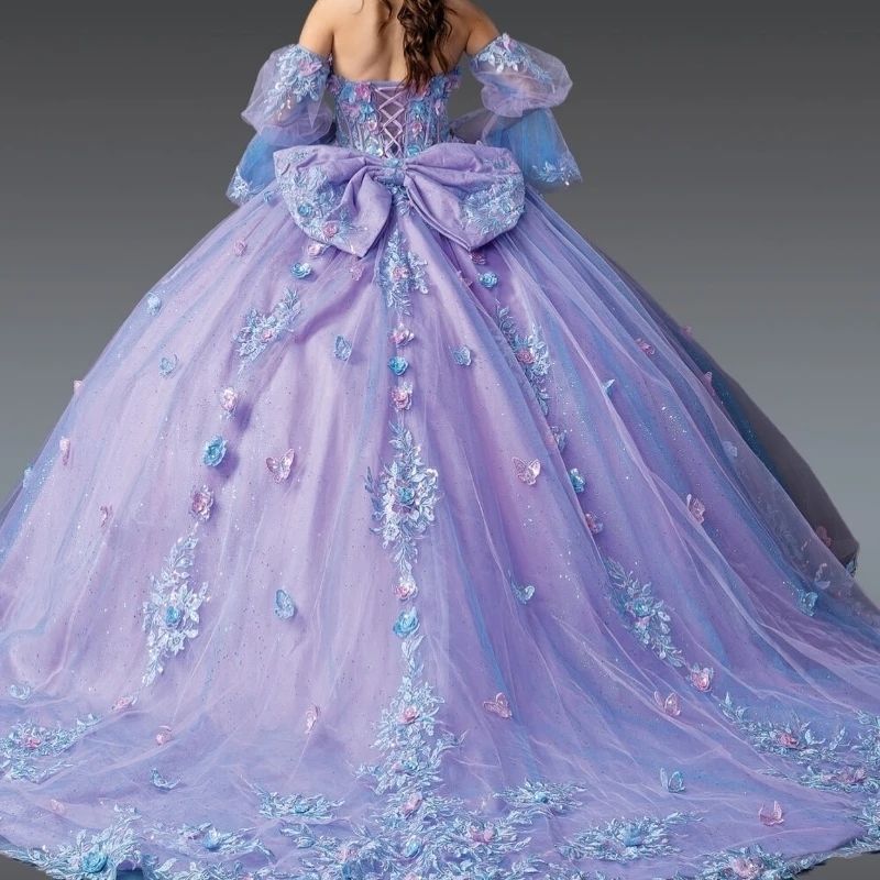 Sky Blue Shiny Quinceanera Dresses Ball Gown Off The Shoulder Applique Flower Bow Beads Lavender Lining Tull Party Birthday Sweet 16 Dress Vestidos De