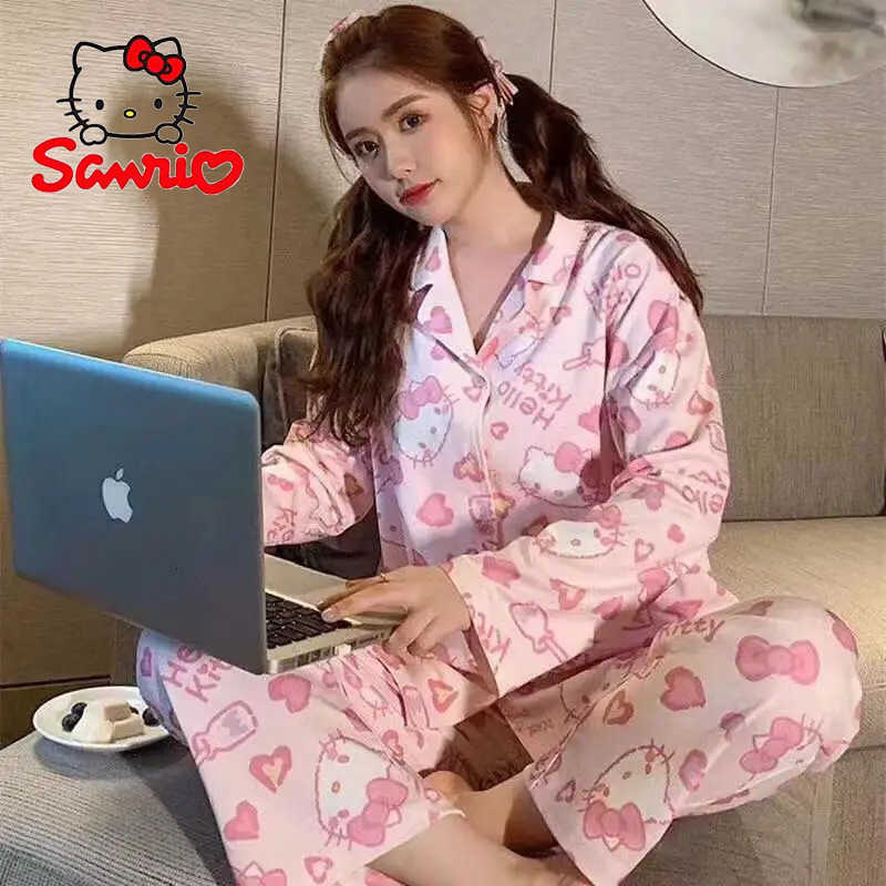 Sanrio 2Pcs Anime Sanrio Hello Kitty Pajamas Kuromi Kawaii Cartoon Cinnamoroll Loose Sleepwear Pajamas Sets Home Clothes Girl Gifts w250807