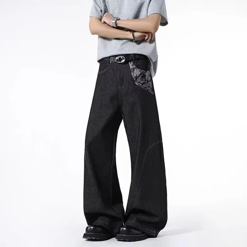 Autumn Gothic Pattern Jacquard Printed Baggy Jean For Men High Street Vintage Patchwork Denim Pants Harajuku Hip Hop Y2K Jeans 250807