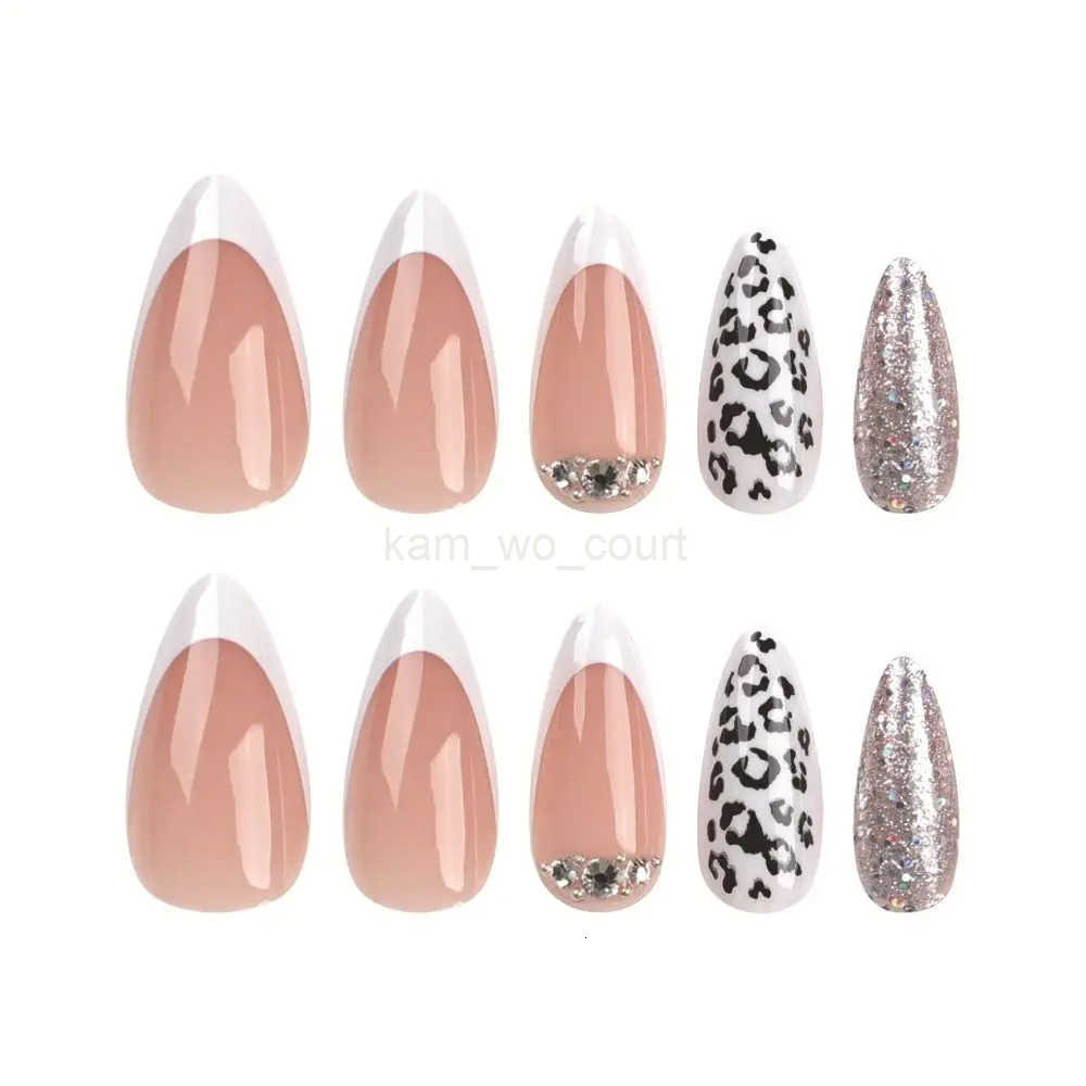 24Pcs French Almond Fake Nails with Rhinestone Wearable Stiletto Acrylic False Nails with Glue White Edge Design Press on Nails M250807