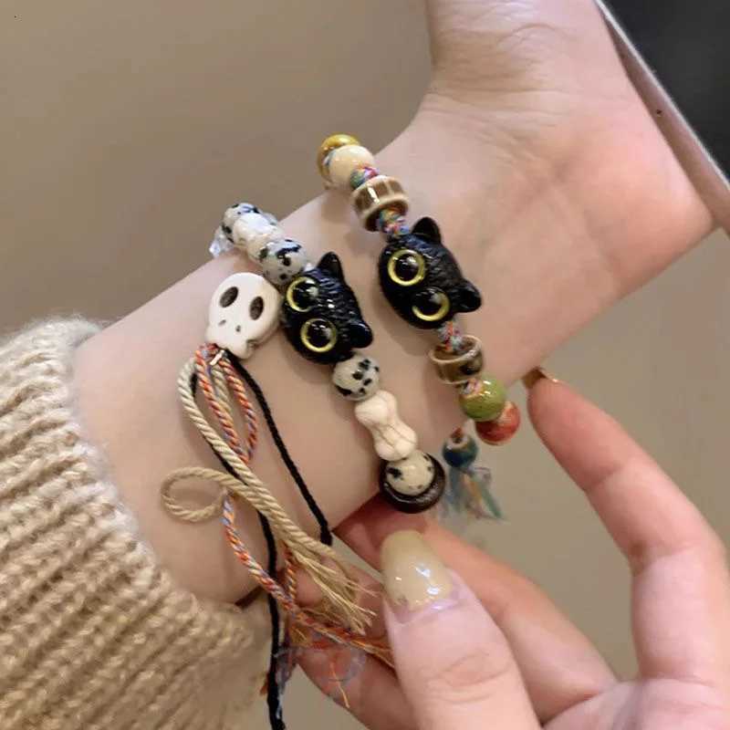 1/2PCS Tassels Big Eye Cat Bracelets for Women Men Sweet Cool Skull Ceramic Beaded Bracelet Aesthetic Party Jewelry Accessories W250807