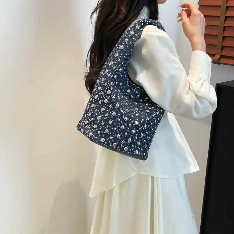 Denim Sequin Underarm Shoulder Bag Vintage Metal Stud Motorcycle Style Handbag Designer Blue Chic Women Bucket Tote Bags Z250807