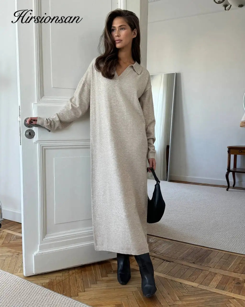 Hirsionsan Long Sleeve Autumn Winter Loose Polo Neck Sweater Dresses Women Soft Elegant Solid Knit Dress Female 2025 Clothes 250806
