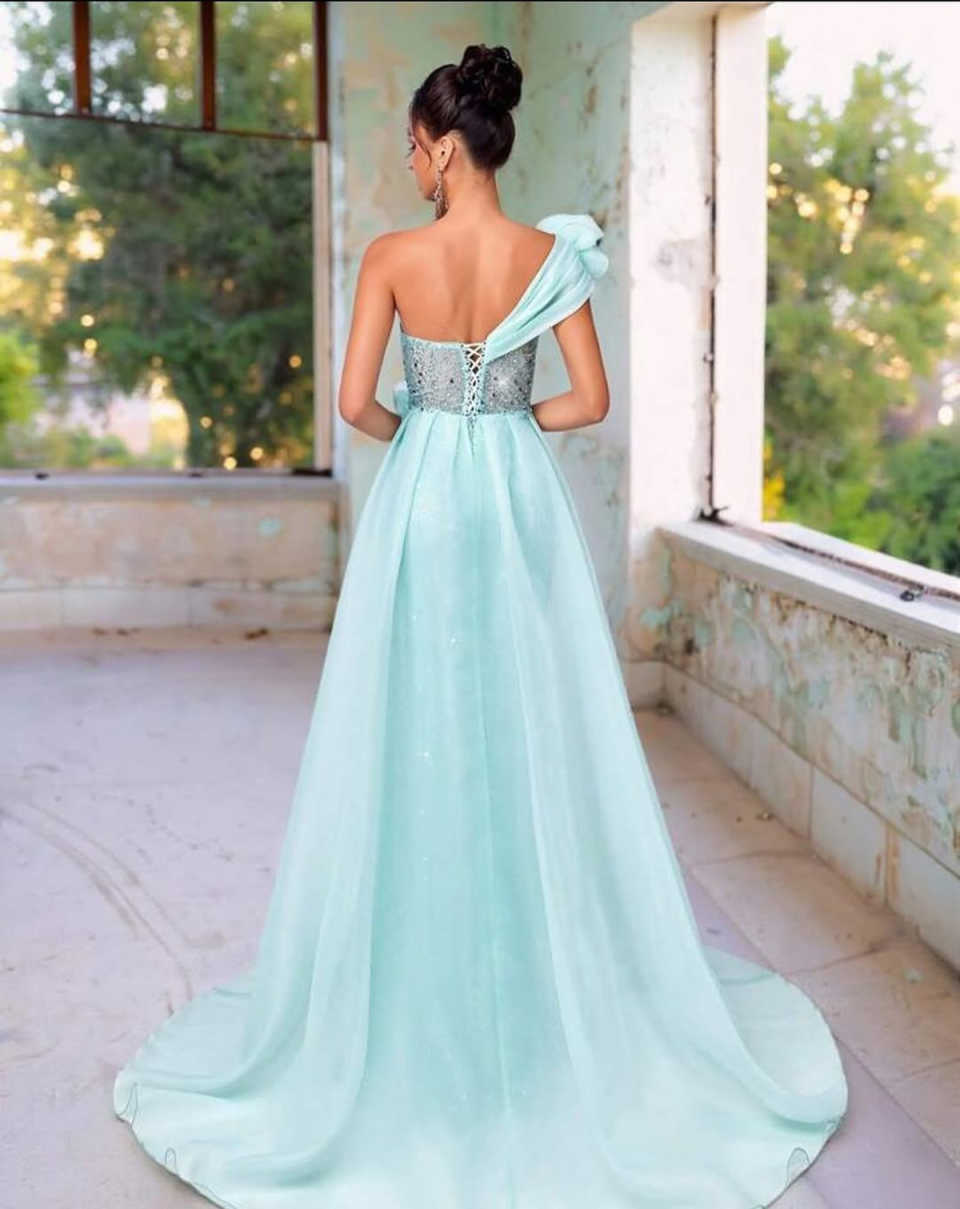 Trendy Mermaid Evening Dress Sleeveless One-Shoulder Handmade Flowers Sequins Crystal Prom Dress Customized