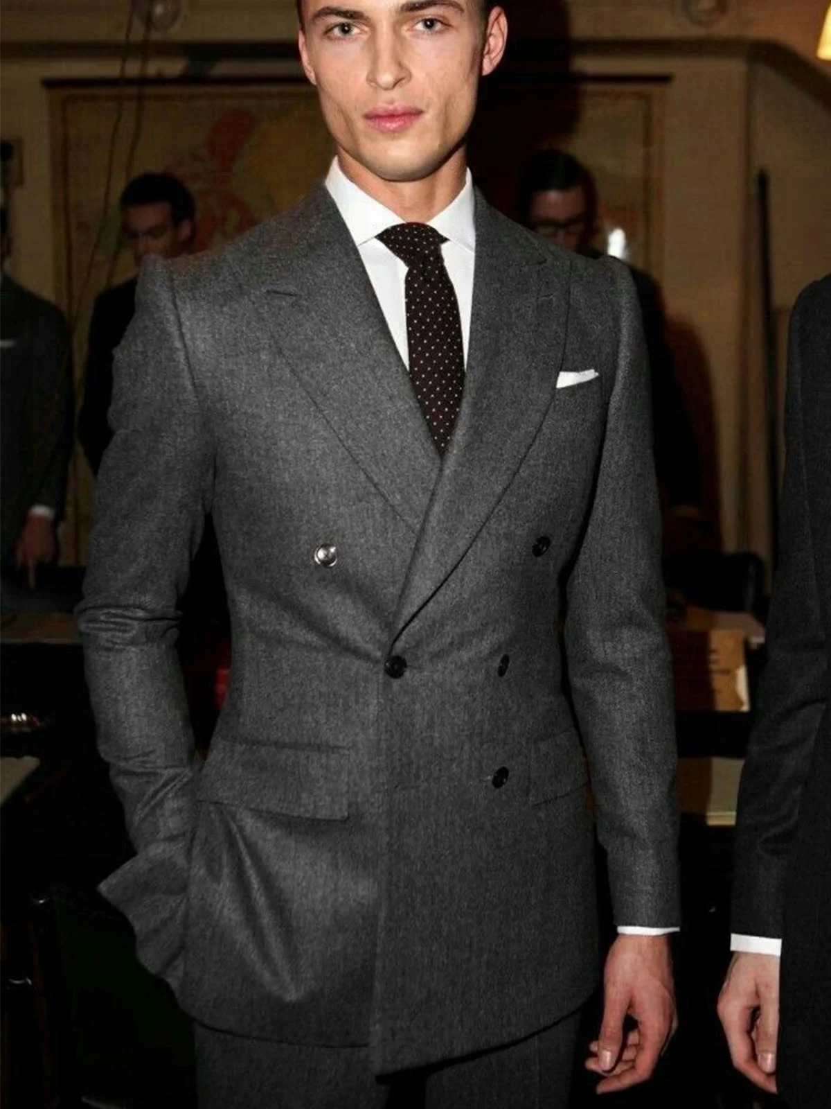 ANNIEBRITNEY Herringbone Tweed Suits for Men Slim Fit Double Breasted ed Lapel Tuxedo Man Suit Set Costume Homme 250807