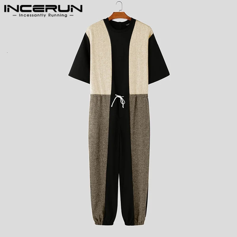 INCERUN 2025 Korean Style Rompers Fashion Men Spliced Contrast n Overalls Casual Streetwear Male Loose Simple Jumpsuits 250804