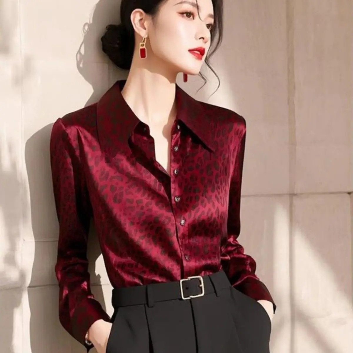 Temperament Leopard Pattern Red Satin Shirt Spring Autumn Casual Loose Commuting Cardigan Tops Fashion Clothes for Women 250806