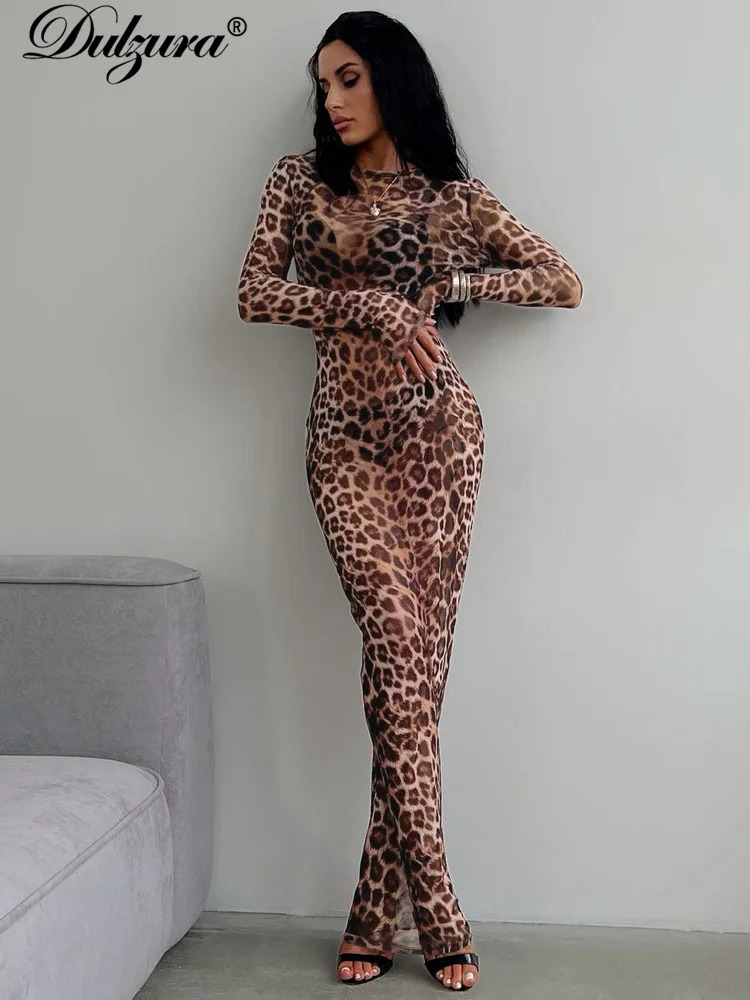 Dulzura Sexy Elegant Maxi Dress Printed Leopard Long Sleeve Dresses Women Clothes Y2K Lady Party Club Streetwear Holiday 250805