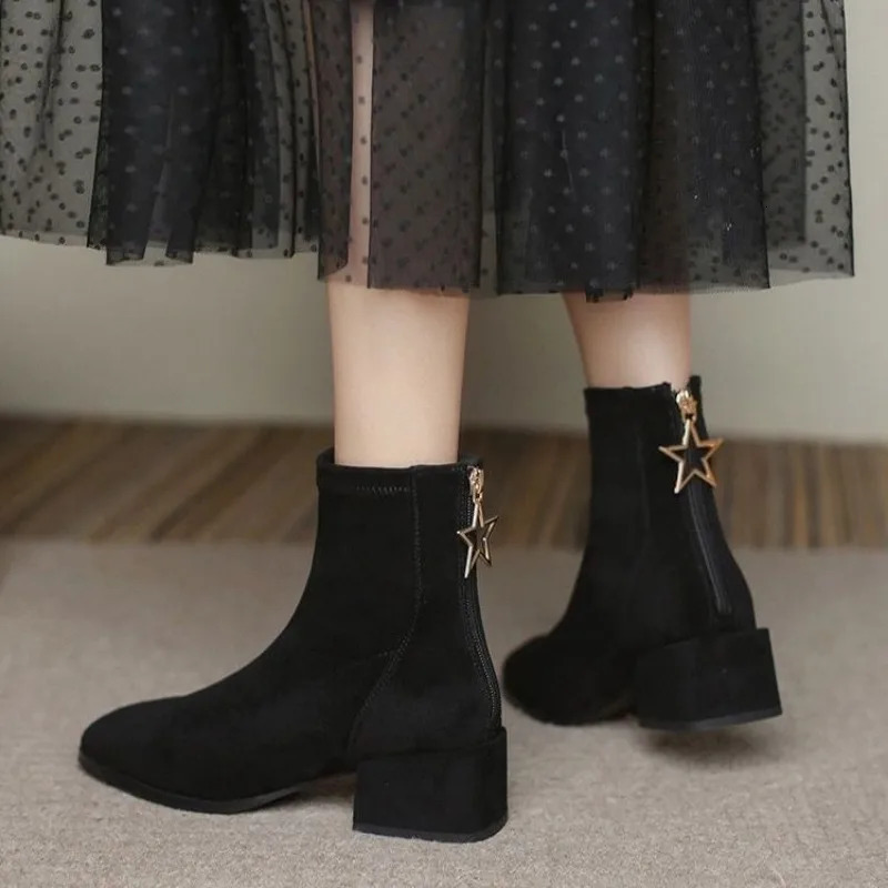 Booties Black Womens Ankle Boots Work Elegant with Medium Heels Short Shoes for Woman Suede Sale Gyaru Spring Autumn Footwear 250805