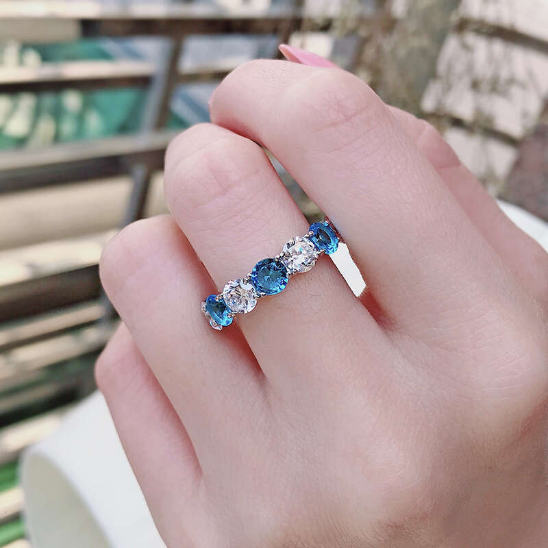 Mujing Jewelry Micro Pave Aquamarine Silver 5*5 Round Diamond Index Finger Women's Ring