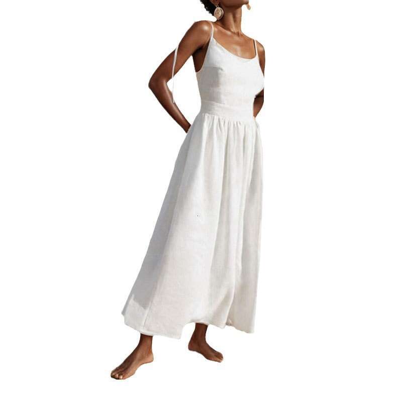 Spring Women's Backless Sexy V-Neck Fashion Solid Color Sleeveless Strap Dress B5 h7