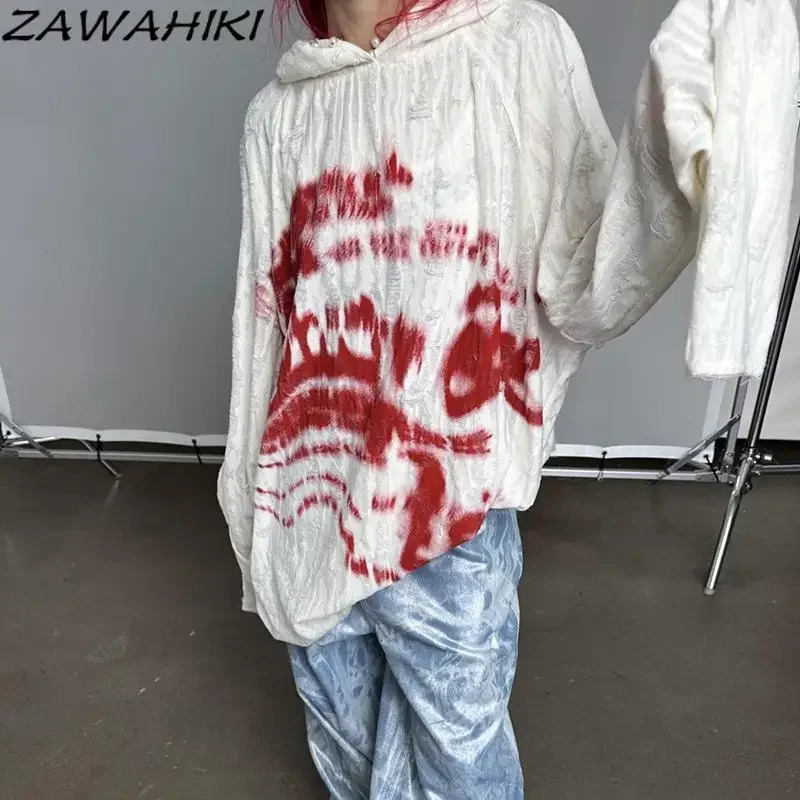 Korean Top Female Fashion American Y2K Dark Punk Hole Chic ed Hoodies Women Letter Print Loose Streetwear Sweatshirt 250805