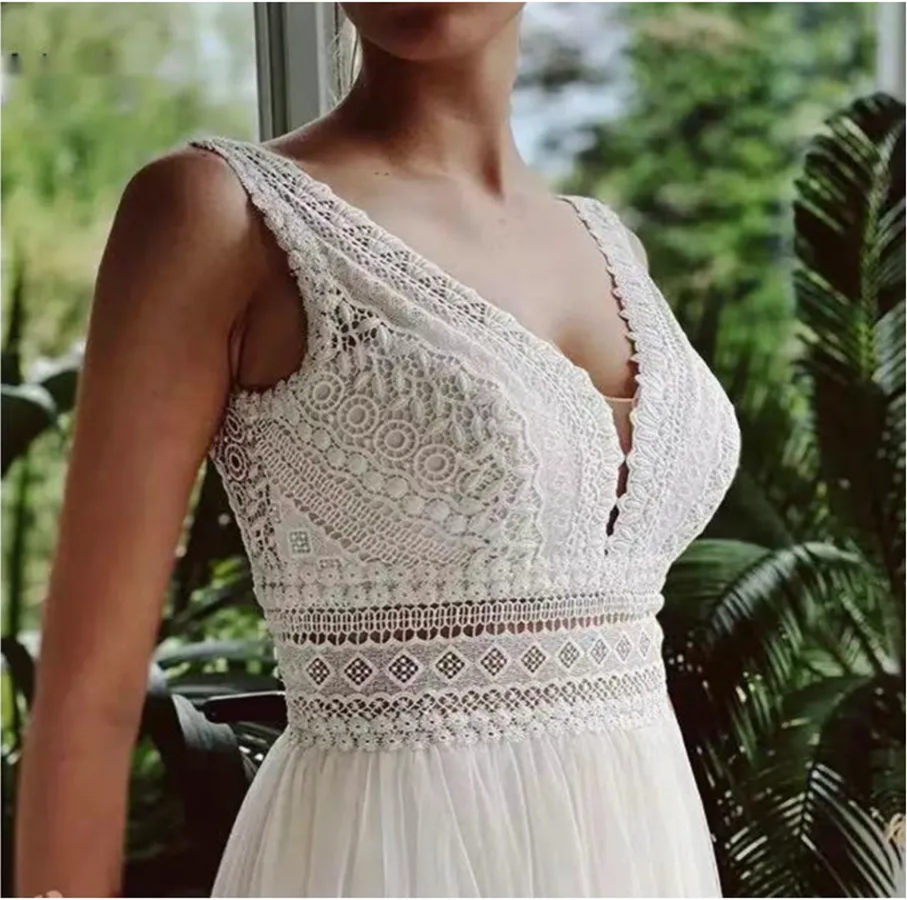 Vestido De Novia Boho Wedding Dresses V Neck Beach Lace Bridal Wedding Gowns Elegant Bohemian Tulle A Line Bridal Dress Gown