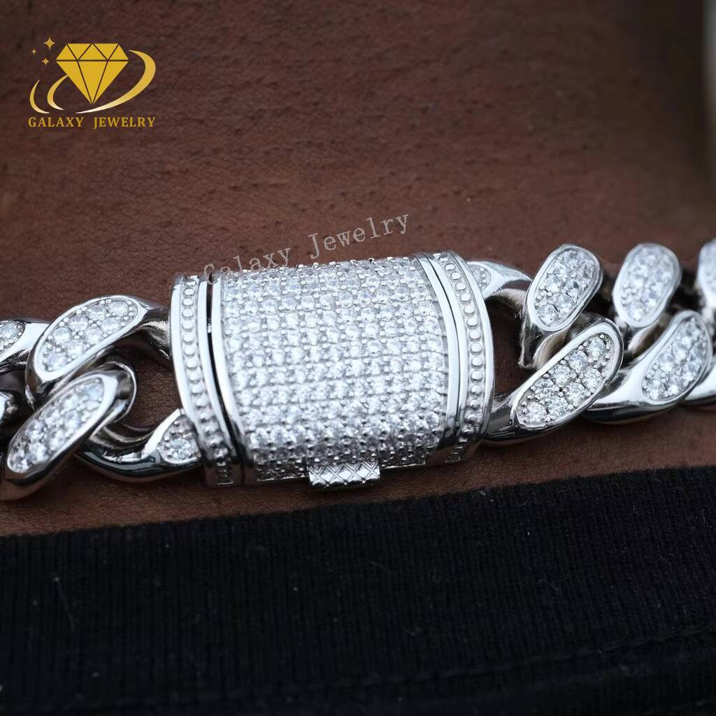 Fine Jewelry 925 Sterling Silver VVS Moissanite Diamond Iced Out 2rows Miami Cuban Link Chain Necklace for Hip Hop Men