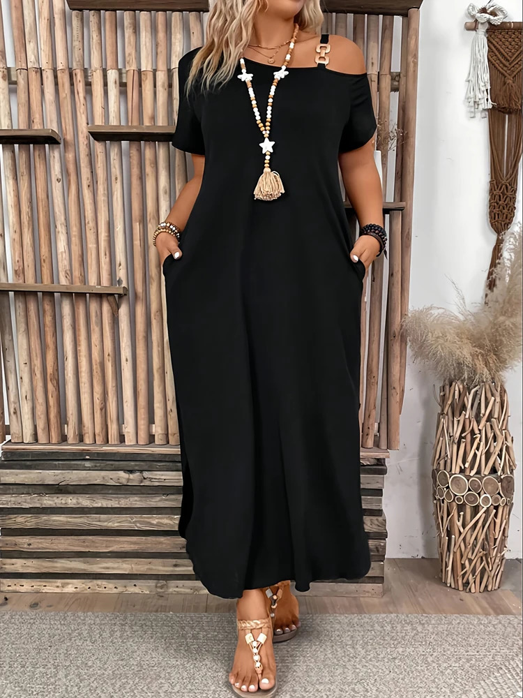 Plus Size Dress Elegant Slit Metal Buckle Single Shoulder Short Sleeve Big Womens Home Office Dating 250807
