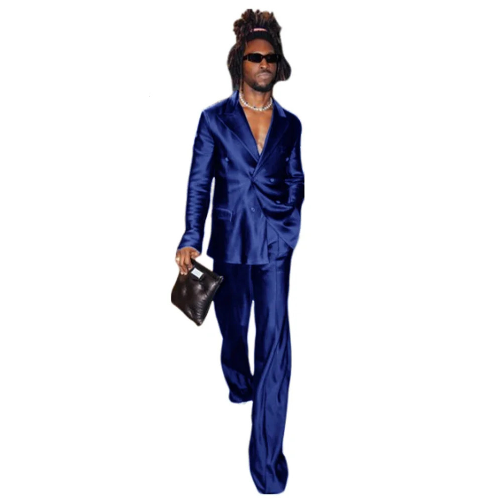 Mens Suit Satin Complete 2 Pieces Blazer Pants Costume ious Double Breasted ed Lapel Jackets Dancing Party Fashion 250807