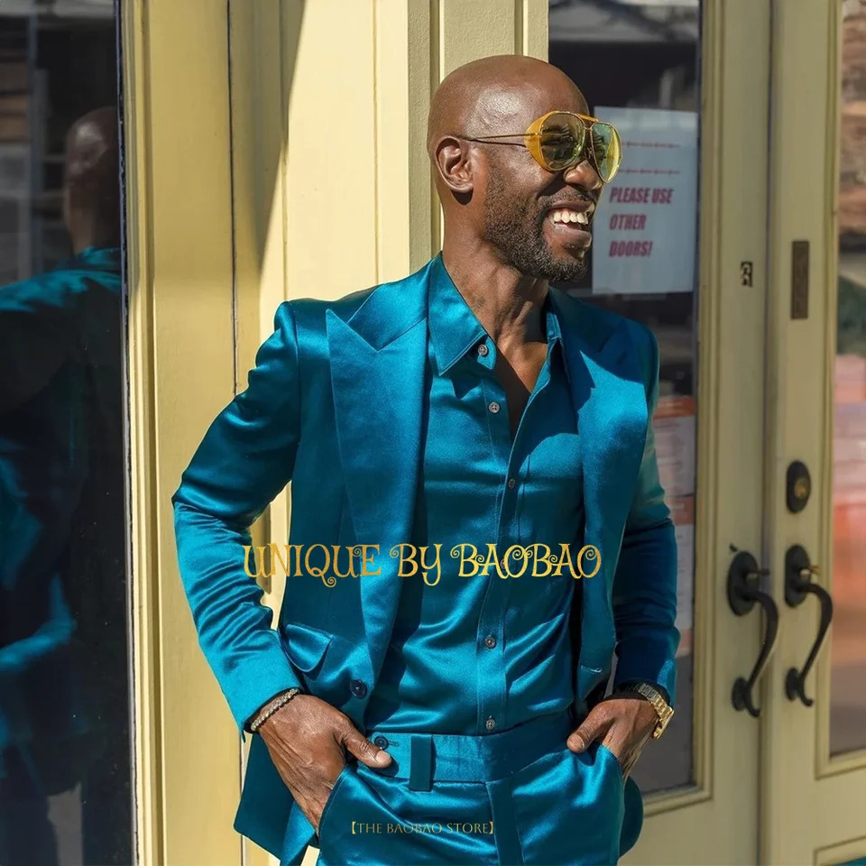 Mens Tuxedo 2Piece Jacketpants tailored Shiny Satin Suit for African Wedding Groom Banquet Christmas Halloween Party 250807
