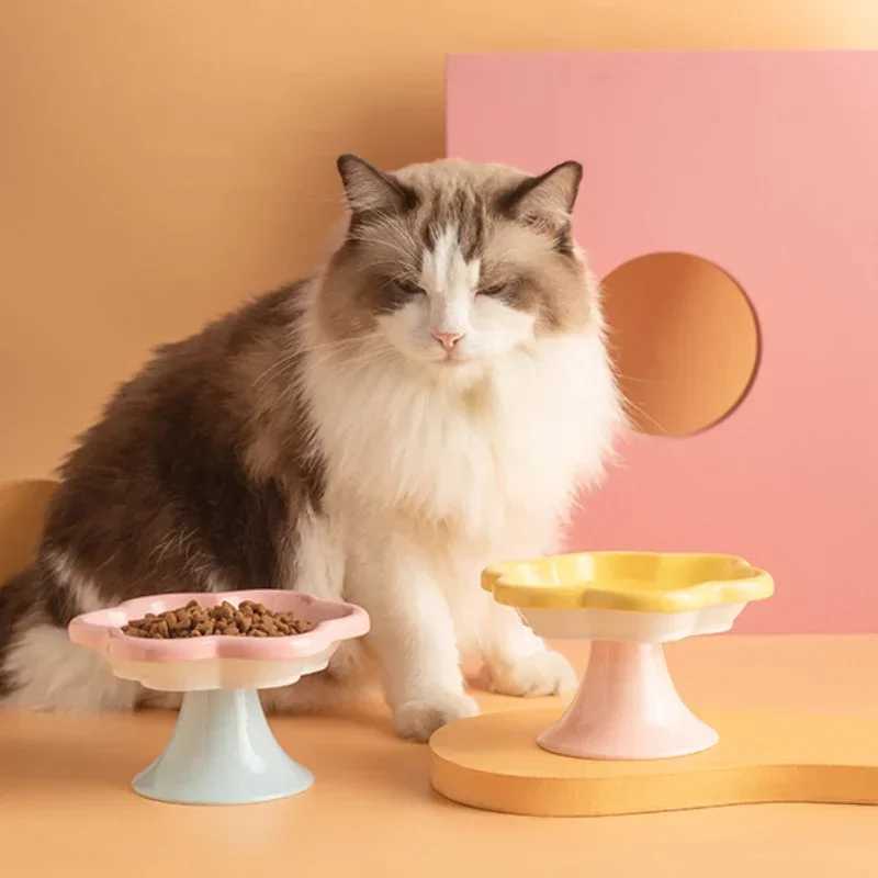 New Ceramic Cat Bowl Flower Shape Cat Rice Bowl High Foot Neck Guard Food Bowls Non-slip Puppy Feeder Pet Supplies Y250806