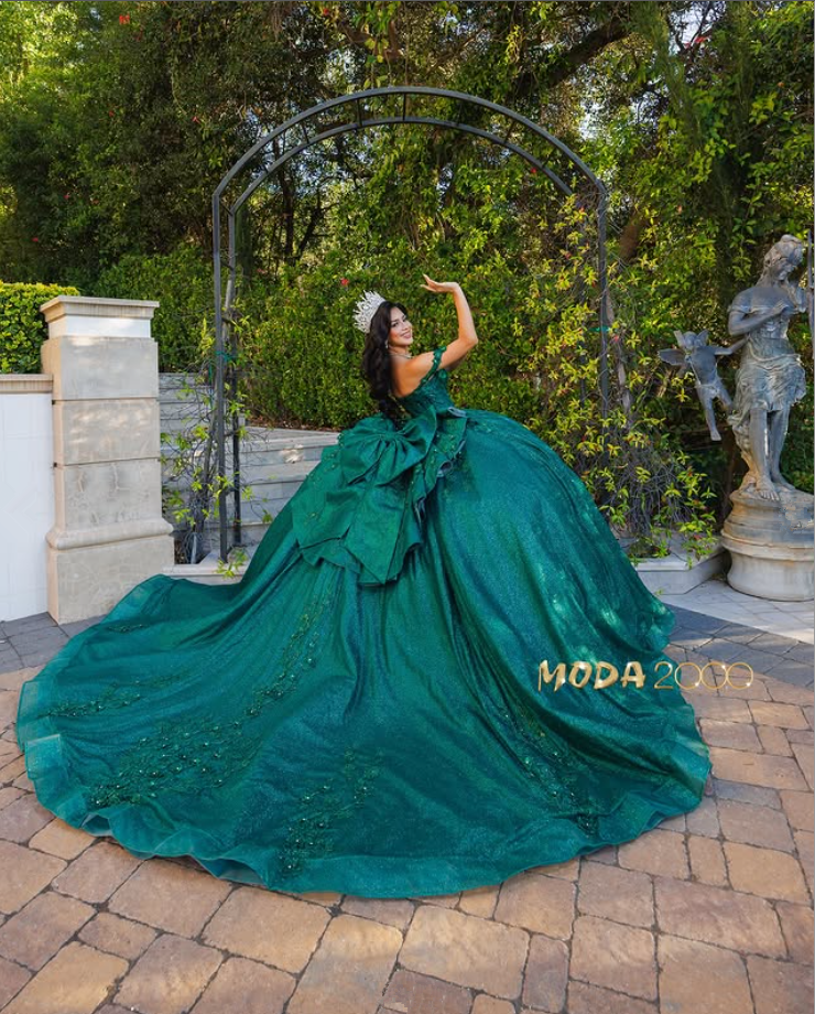 Emerald Green Sparkly Princess Quinceanera Dresses Off Shoulder Floral Applique Gillter Corset vestidos de 15 anos customsized