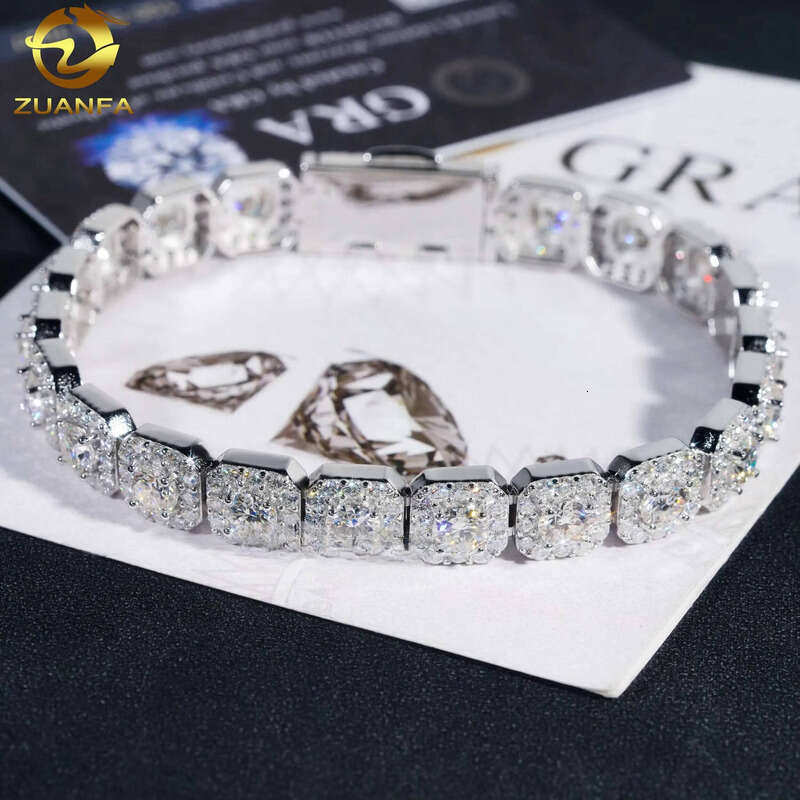 High Quality Fashion Hip Hop Sterling Sier 10mm Moissanite Cluster Tennis Chain Cuban Bracelet