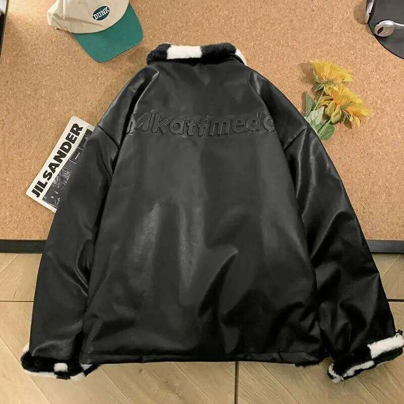 Designer Clothing 2025 Gmiixder Women Winter New Plaid Parkas Korean Loose Thickened Veet Letter Print PU Coat Double-Sided Checkerboard Plush Jacket