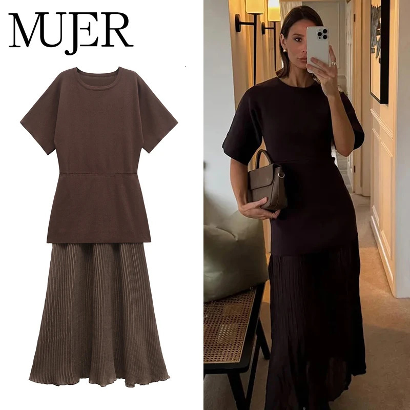 MUJER Pleated Knitted Long Dresses for Women Short Sleeve Maxi Dress Woman Vintage Party Womens Patchwork 250807