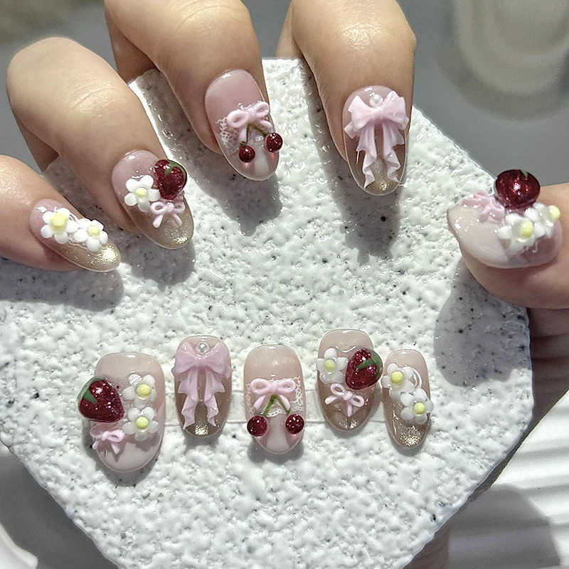 10 Pieces Summer Cute Sweet Style Handmade Press On Nails 3D Bow Cherry Strawberry Cat Eye Fake Nails Removable Reusable M250807