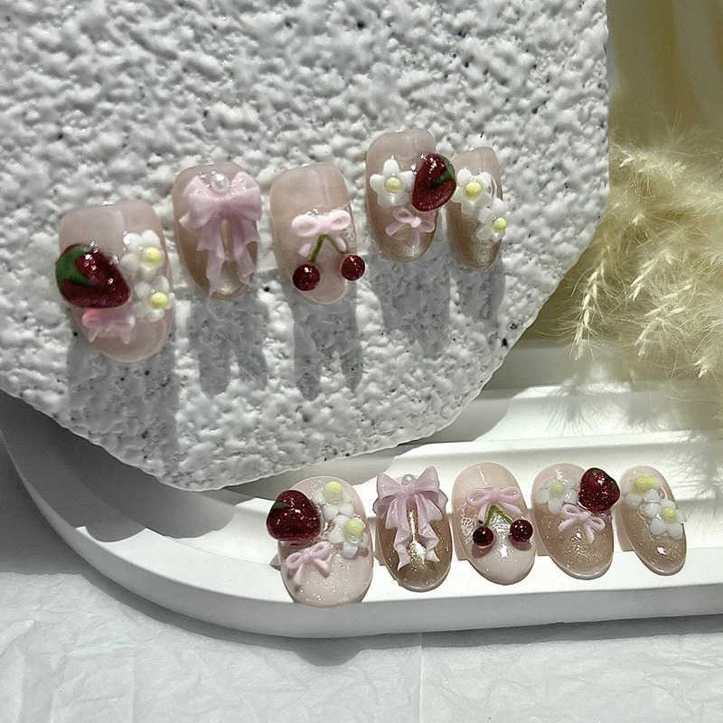 10 Pieces Summer Cute Sweet Style Handmade Press On Nails 3D Bow Cherry Strawberry Cat Eye Fake Nails Removable Reusable Z250807