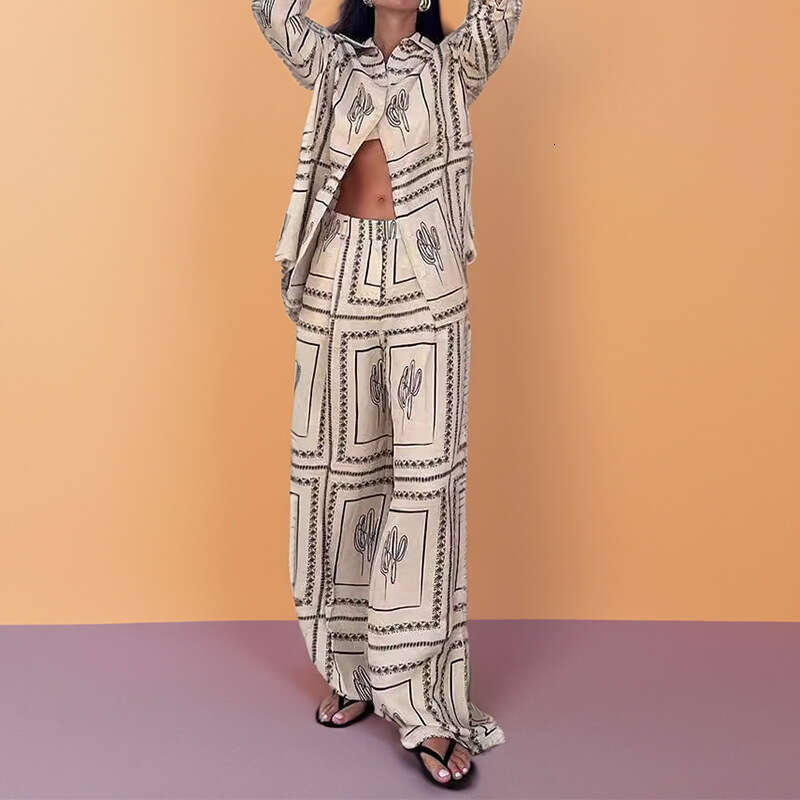 Women's Printed Long Sleeve Shirt Wide Leg Pants Early Autumn Lazy Style Fashion Set Homewear B5 h7