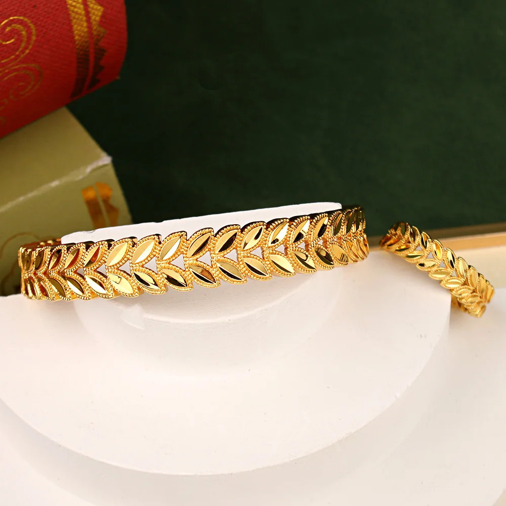 Trendy Copper Gold Plated Jewelry Bangles with Ring Leaves n Cuff Bracelet Dubai Wedding Jewery Graduation Gifts for Girl 250805