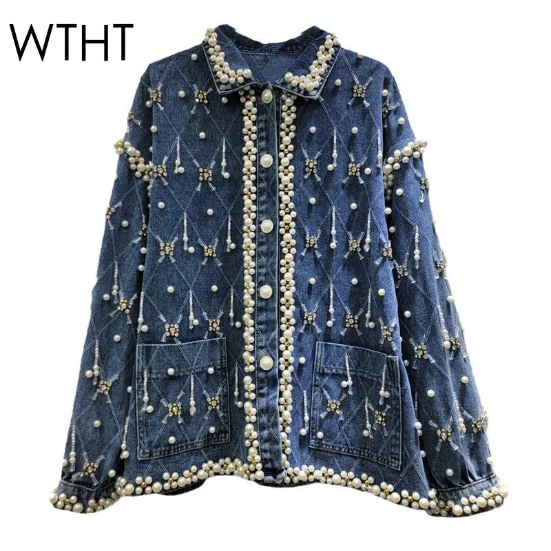 WTHT Trendy Womens Diamonds Pearl Loose Denim Jakcet Spring Fashion Lapel Long Sleeves Coat Female 1LS767 250804