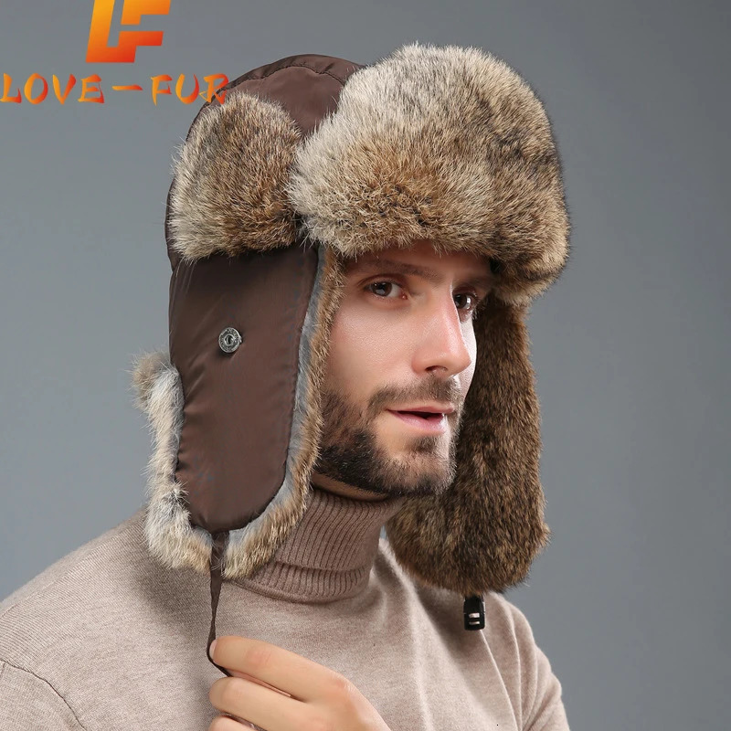 Russia Winter Real fur Hat Unisex Outdoor Windproof Super Warm Real Rabbit Fur Bomber Hats Natural Soft Natural Rabbit Fur Caps 250806