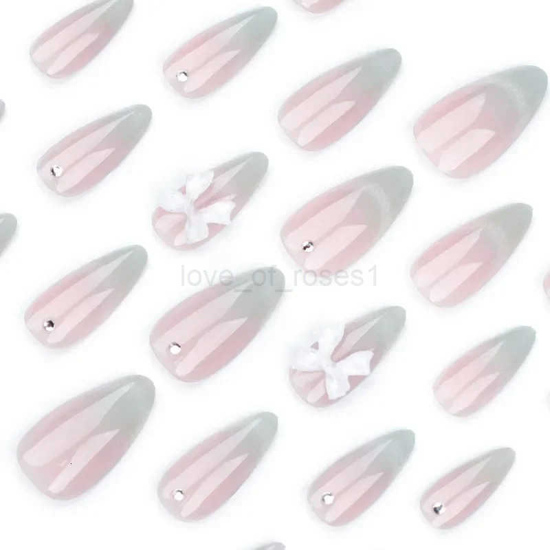 24pcs Sweet Cats Eye Almond French Press-On Nails with 3D Bow and Rhinestone Embellishments Full Coverage Fake Nails for Women Z250807