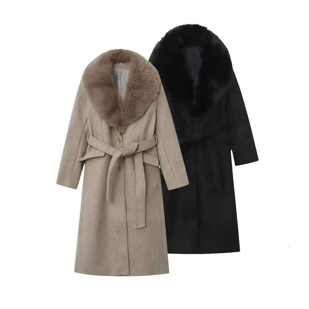 Korean Style 2025 Autumn Winter Oversized Faux-Fox Fur Collar Detachable Splicing Woolen Women's Belt Warm Coat